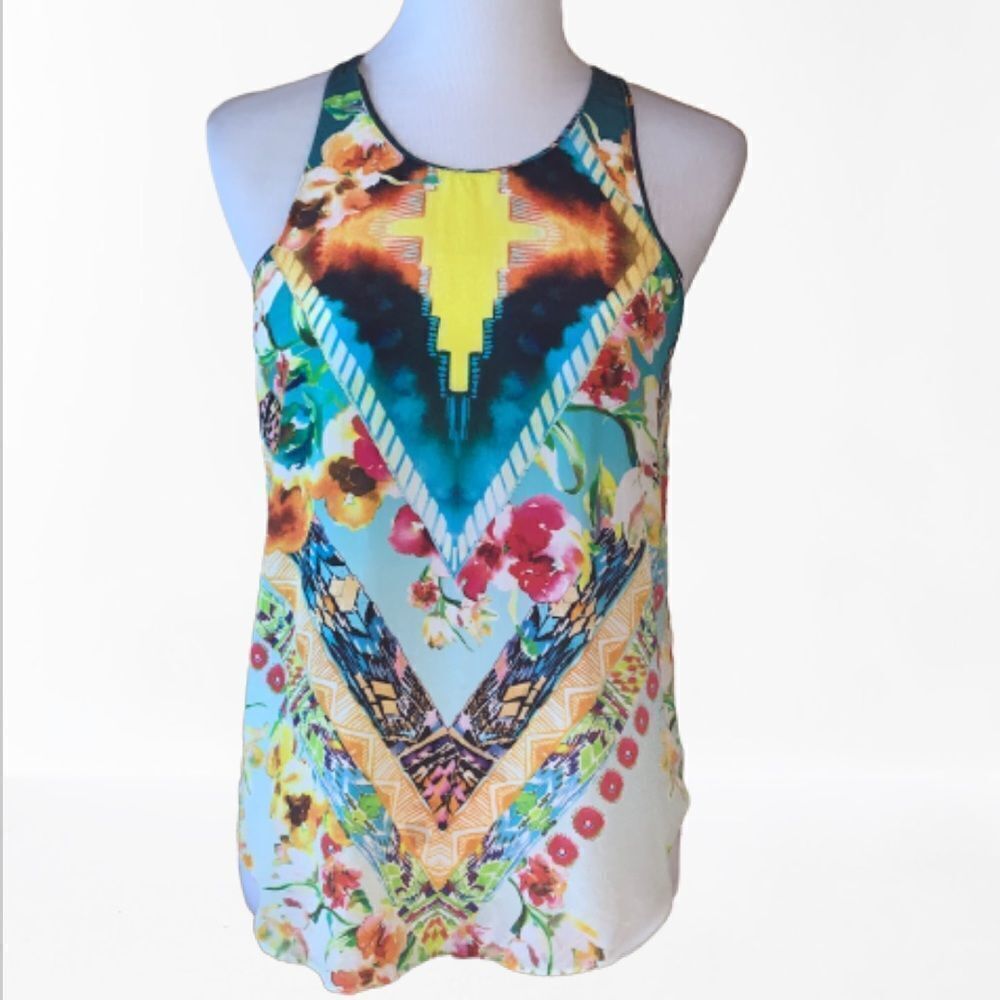 Rory Beca 100% Silk Floral Aztec Split Back Tank